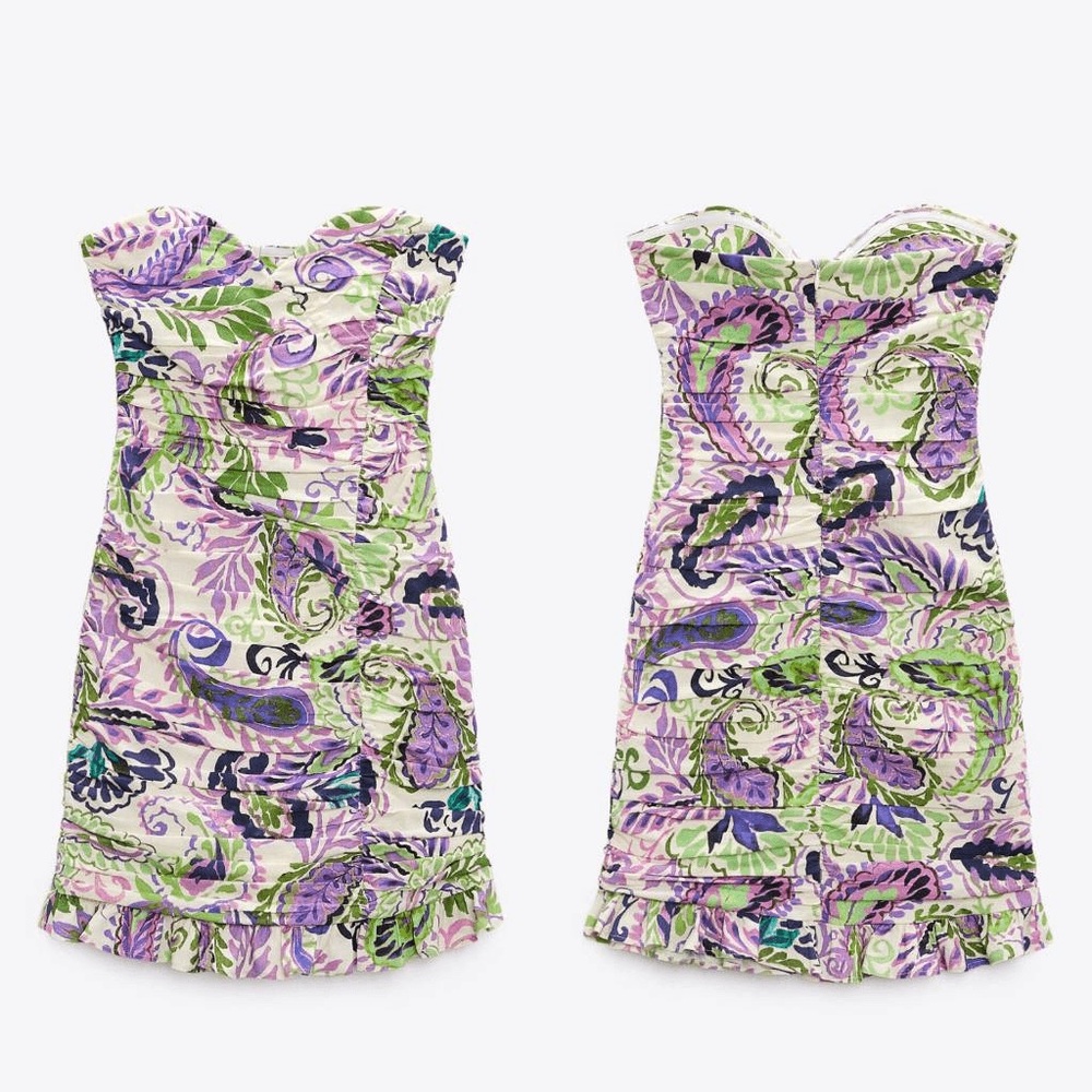 Zara mini purple/green Floral Strapless Dress